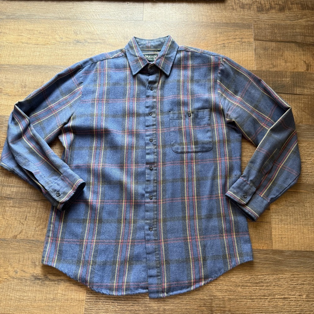 Oakton Flannel Shirt Mens Medium Blue Plaid Button Front Long Sleeve Pocket